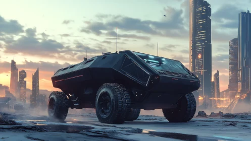 Armored off‑road rover crosses wet futuristic wasteland terrain