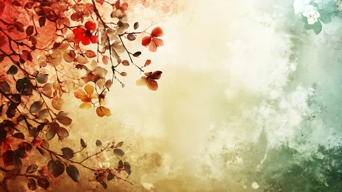 Abstract autumn branches over warm textured gradient sky.