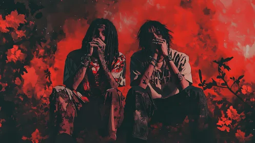 Two seated figures against dense red foliage background.