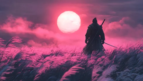 Samurai silhouette in pink grassland under large setting sun.