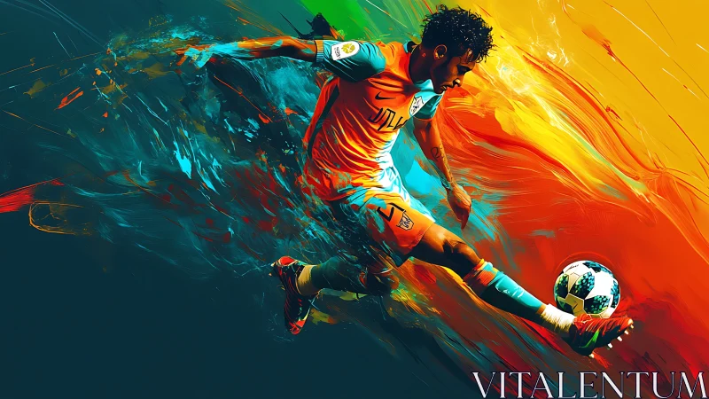 Dynamic football kick rendered with high-energy color motion fields