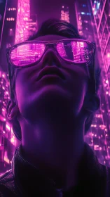 Neon-lit portrait frames cyberpunk skyline in reflective lenses