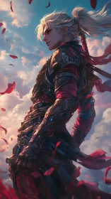 Stormlit warrior in crimson armor amid drifting petals.