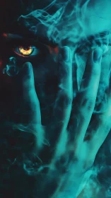 Incandescent iris framed by veiled hand in cyan vapor field