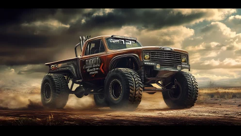 Lifted off-road truck moves across arid dirt landscape