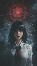 Quiet girl beneath a storm of crimson cosmic thoughts.