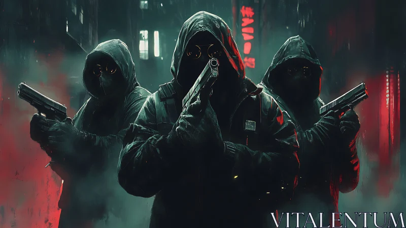 Hooded armed figures in neon lit urban alley at night.