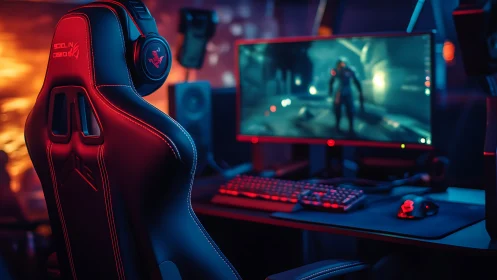 Ergonomic gaming chair and RGB desktop setup in neon light.