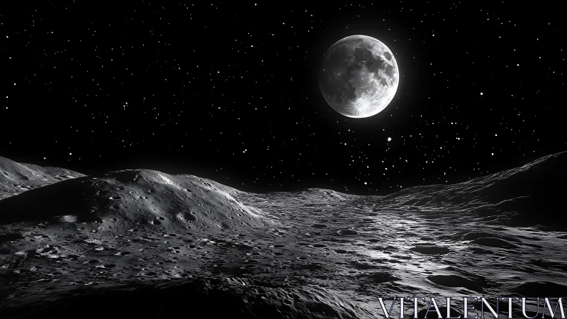 Lunar regolith rendered in stark contrast under distant Earth