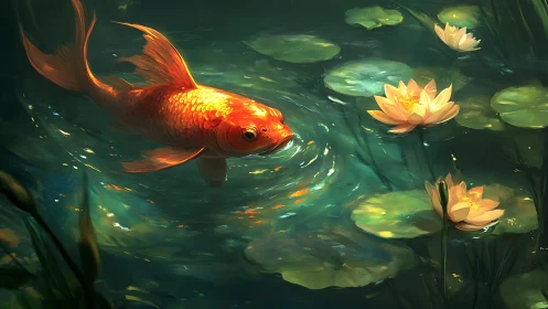 Orange koi fish moves through pond with dispersed water lilies