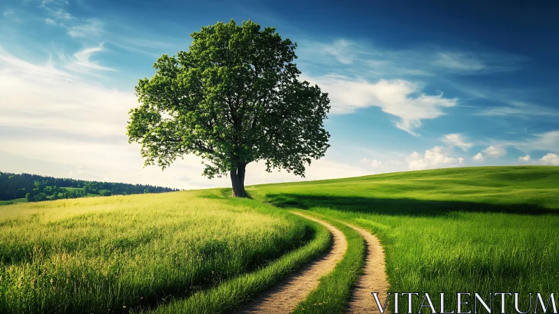 Solitary oak beside winding country path at golden hour.