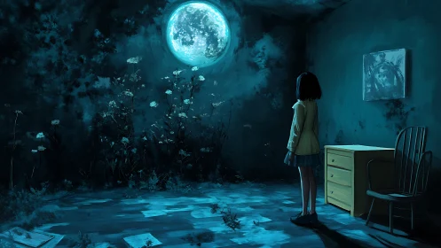 Luminous moonlit portal in overgrown bedroom with solitary girl