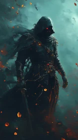 Ember‑Eyed Shadow Knight Wandering Through Stormlight.