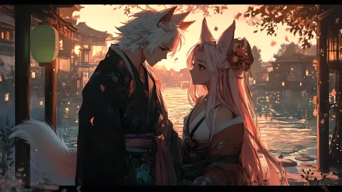 Fox-eared lovers trade twilight secrets beside lantern-lit water