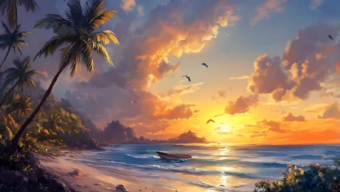 Luminous tropical shoreline at sunset with lone moored skiff.