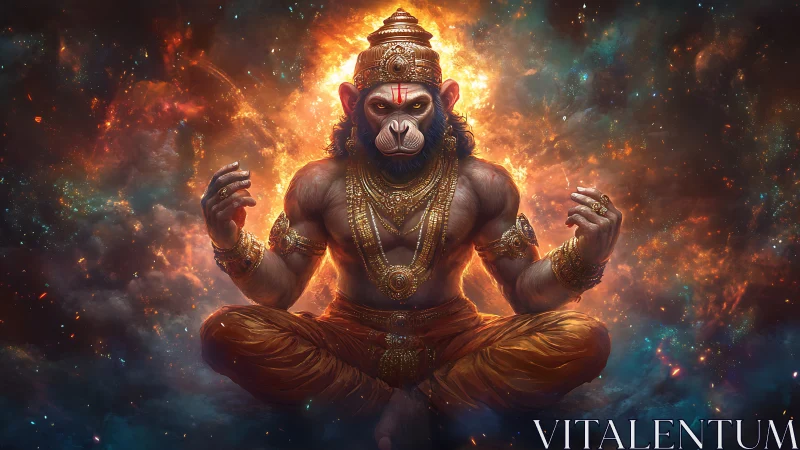 Powerful humanoid monkey deity in fiery cosmic aura.