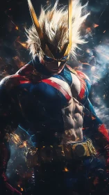 Heroic armored warrior stands amid swirling embers and smoke.