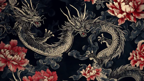 Coiled oriental dragons with red peonies on dark ground.