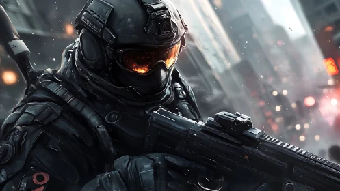 Futuristic armored soldier with rifle in urban conflict zone.