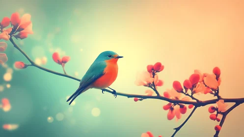 Vibrant Bluebird on Blossoming Branch, Soft Pastel Art Style.