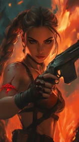 Armed female action hero against dynamic inferno backdrop