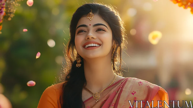 Radiant Indian woman in traditional attire, vibrant outdoor portrait.