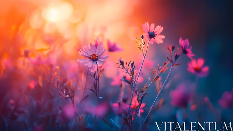 Soft wildflowers glow gently in dreamy sunset colors