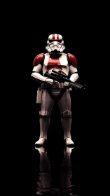 Armored sci fi soldier with blaster on reflective surface.