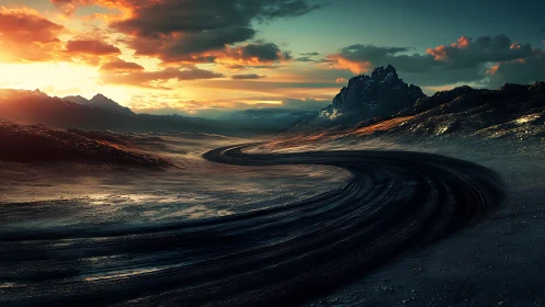 Curving desert road under a glowing, dreamlit mountain sky.