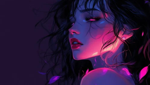 Side portrait shows neon-lit female face in dark space