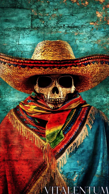 Skeleton in sombrero and poncho against cracked wall.