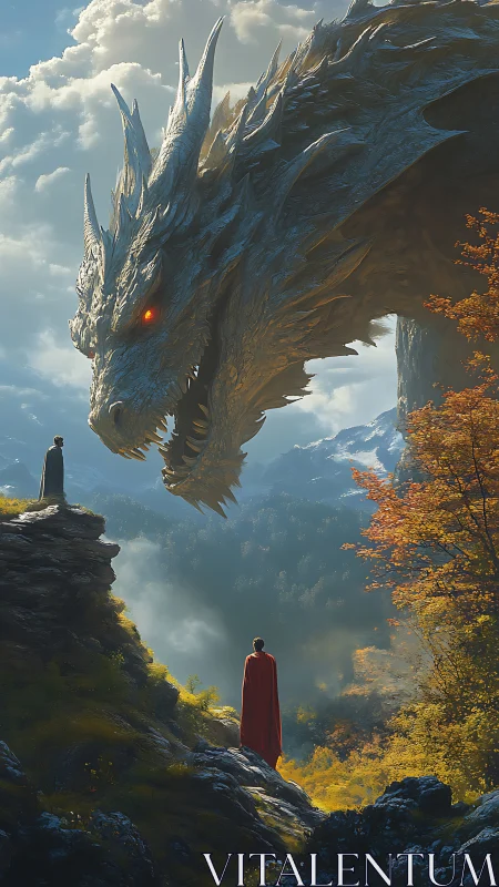 Large dragon confronts two cloaked figures in a valley