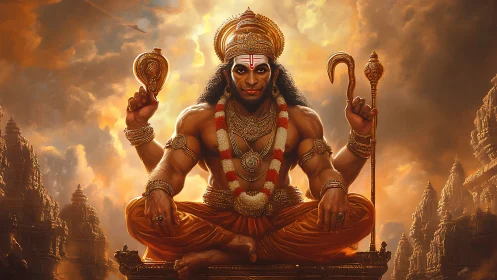 Divine Hanuman seated before glowing temple skyline.