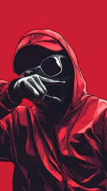Hooded figure in red garment poses against uniform backdrop