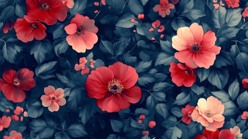 Floral composition with red and coral flowers against dark blue foliage background.