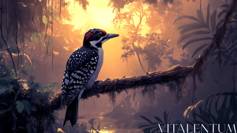 Woodpecker perches on mossy branch in dense backlit jungle
