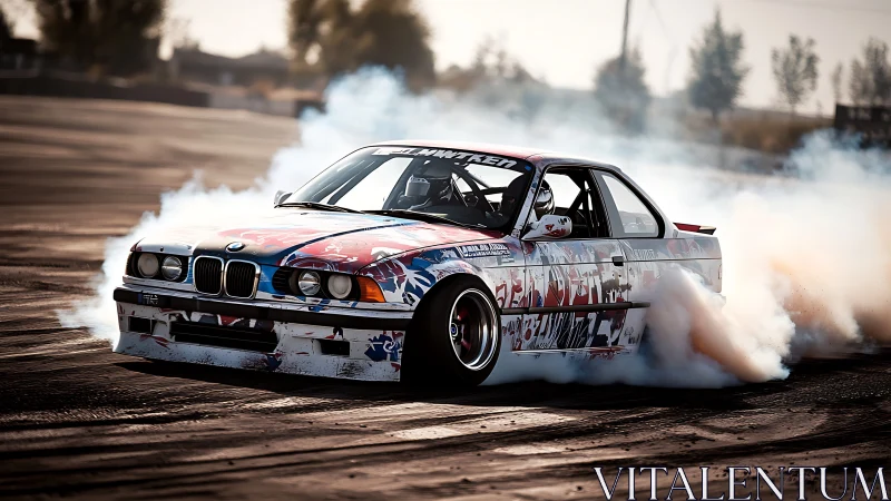 Drift car powerslides through smoke on sunlit track.