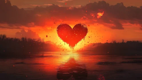 Heart shape silhouette positioned centrally within sunset atmospheric rendering over water