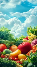 Foreground produce arrangement occupies frame under clouded sky