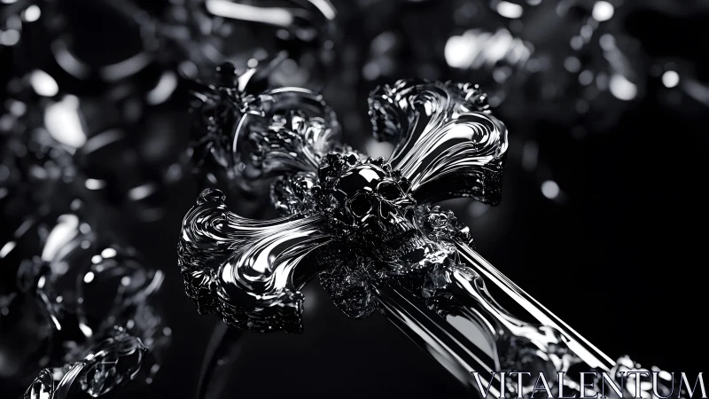 Ornate Metallic Gothic Cross with Skull Accent in Dark Art Style.