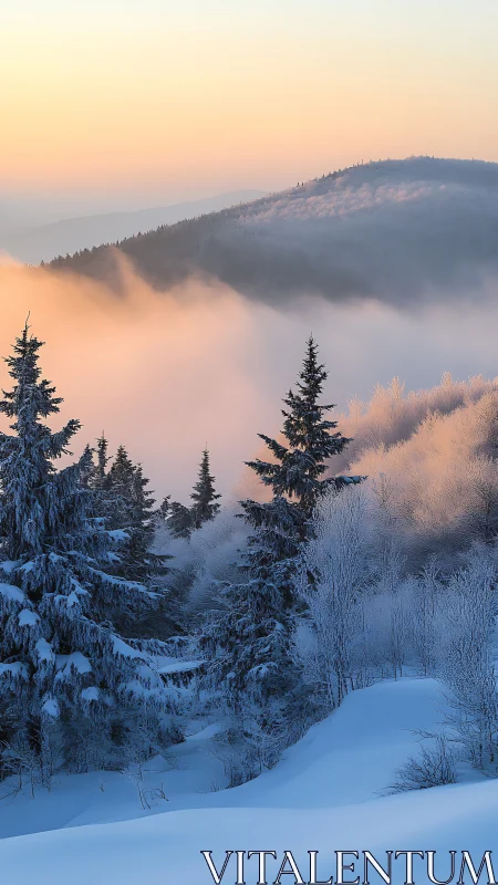 Snow-soft pines beneath a peach dawn veil of drifting mist.