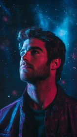 Male portrait with neon lighting against star field backdrop.
