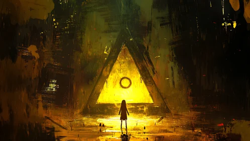 Silhouetted figure confronts glowing triangle portal in void