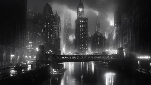 Midnight rain over clocktower canal in noir steel city.
