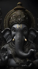 Dark metallic Ganesha statue with ornate golden crown.
