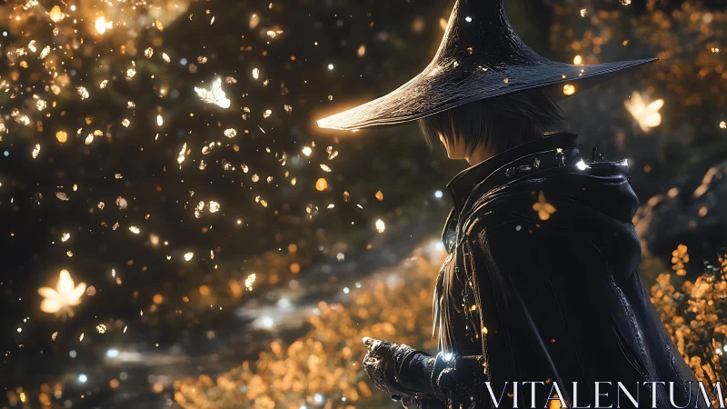 Enigmatic mage in luminous forest rendered as cinematic fantasy