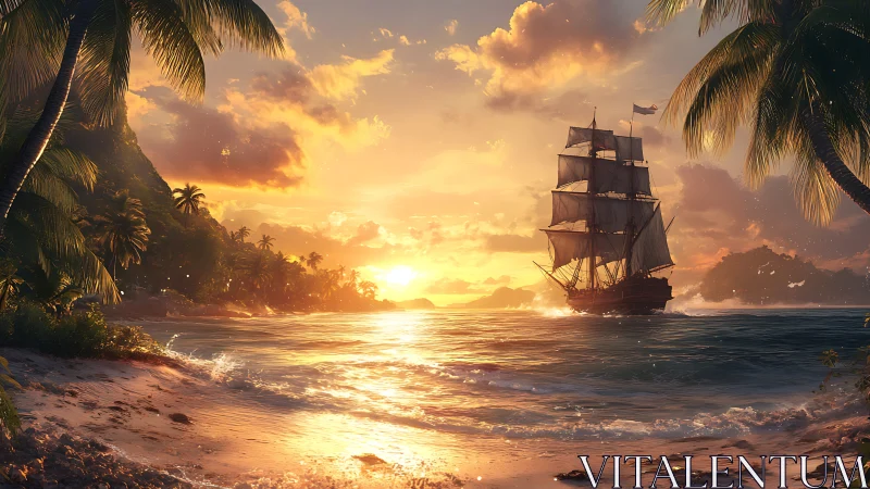 Golden-hour tall ship off tropical palm-framed shoreline.