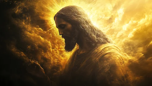 Side profile of robed figure in dense golden light field.