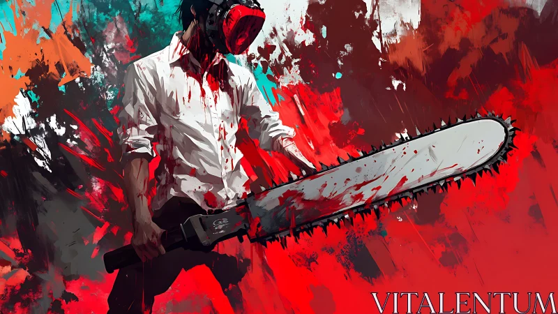 Blood-splattered chainsaw wielder in abstract red action field