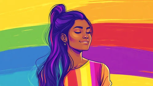 Radiant portrait of serene woman over bold pride stripes.